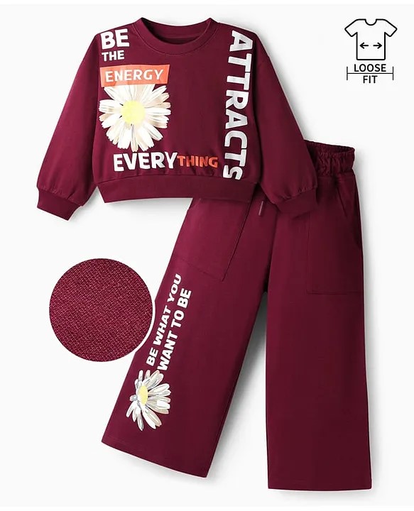 OLLINGTON ST. Cotton Knit Full Sleeves Sweatshirt with Text & Floral Print & Knit Trackpant - Wine